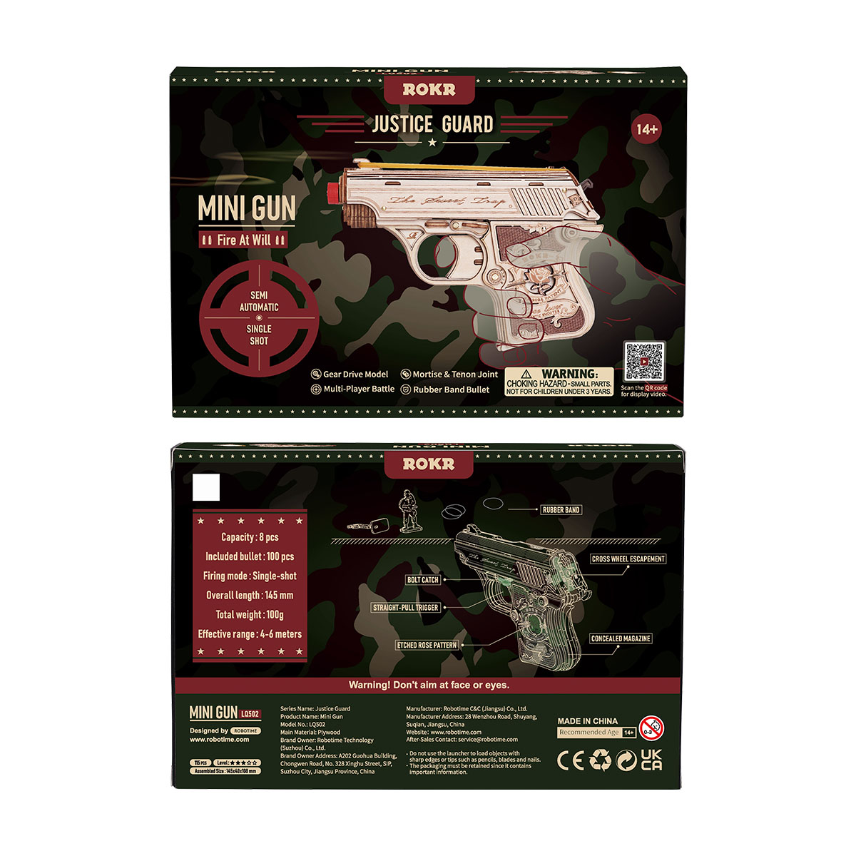 Emballage ROKR Mini Gun LQ502 avant et arrière avec détails du produit