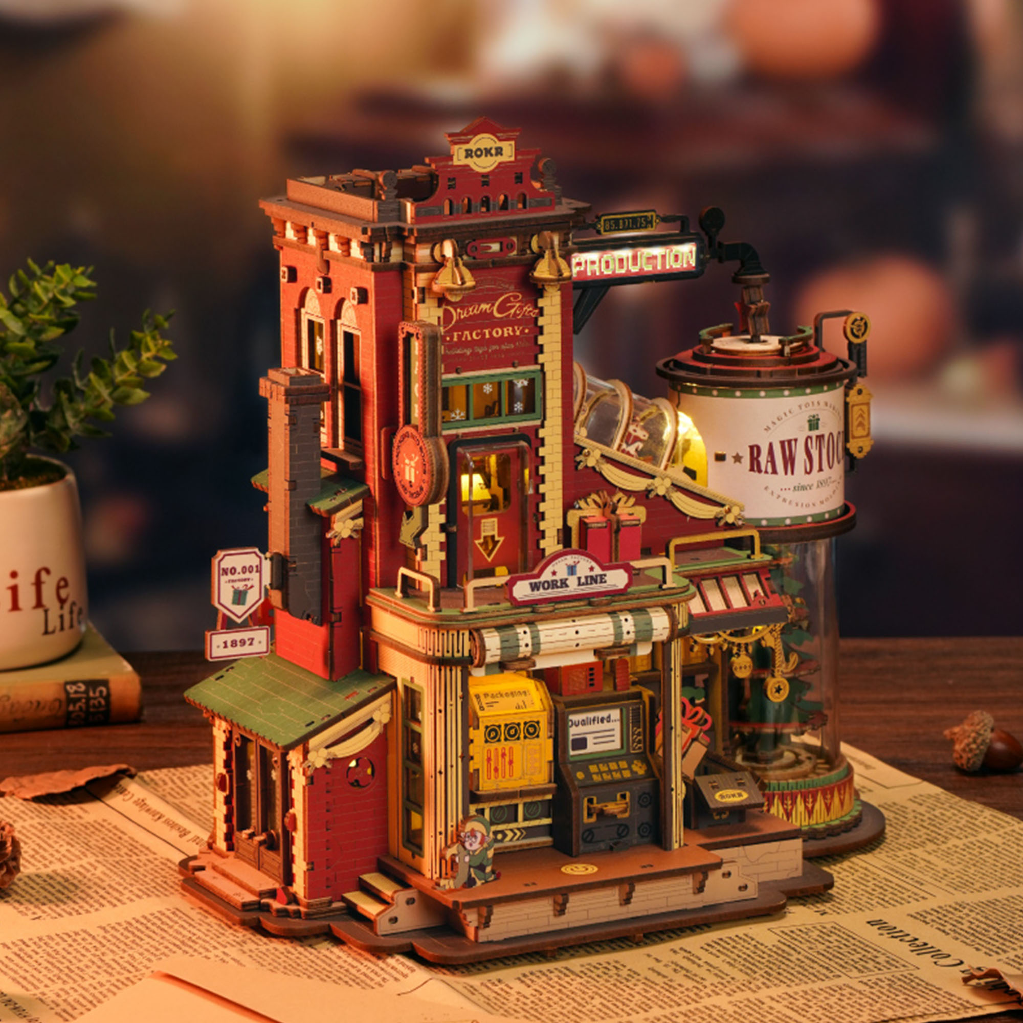 Vue arrière de ROKR Dream Gift Factory EAB01 avec engrenages, fenêtres et murs d'usine