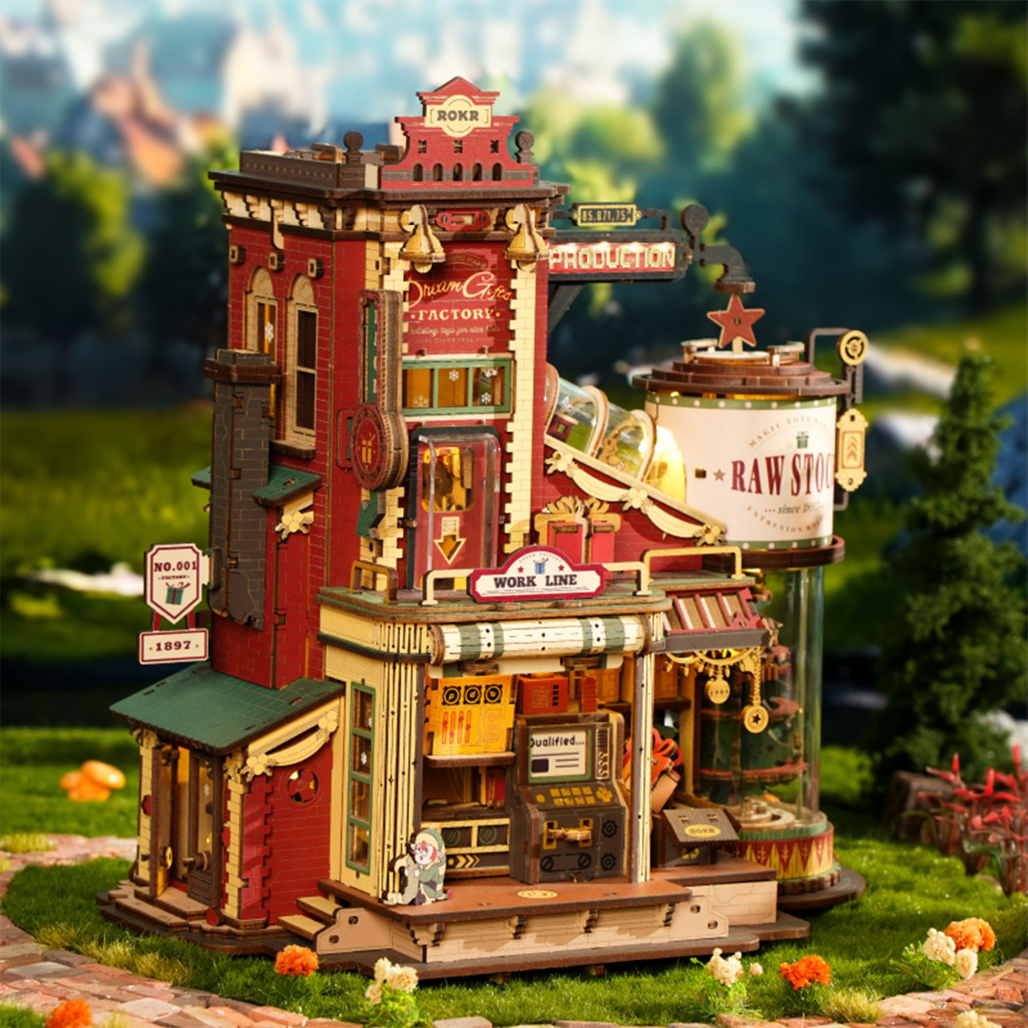 ROKR Dream Gift Factory EAB01 usine de jouets colorés dans une scène de jardin