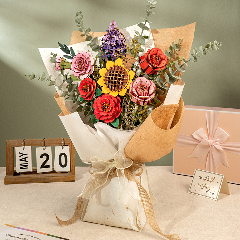 Rowood Red Rose TW042 bouquet de fleurs en bois fini emballé comme cadeau