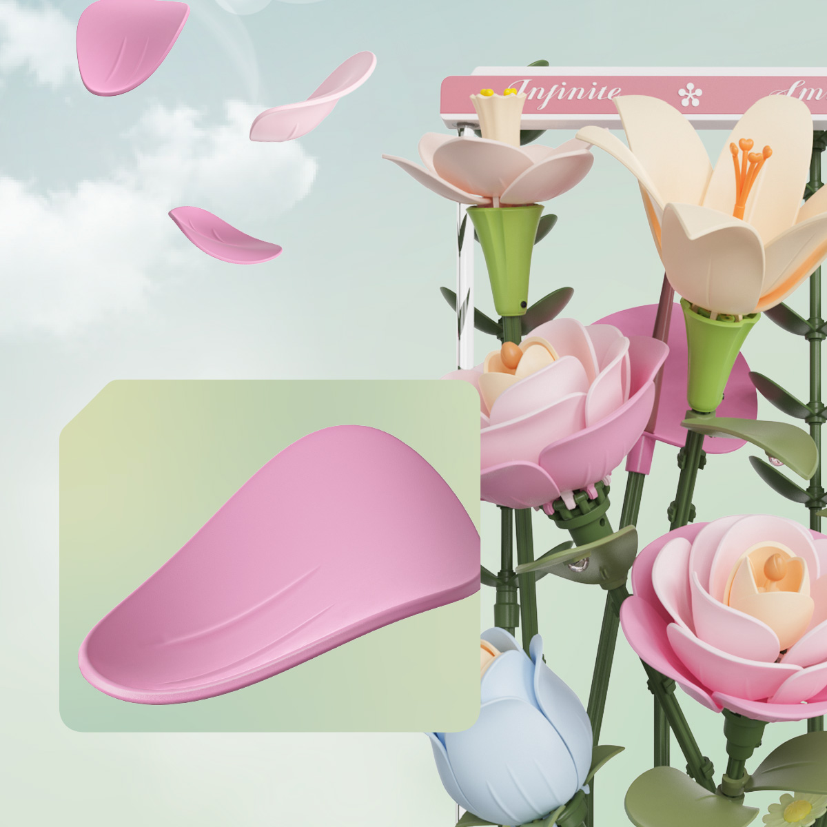 ROKR Blooming Bouquet Box AF01D gros plan des pétales et du mécanisme de floraison