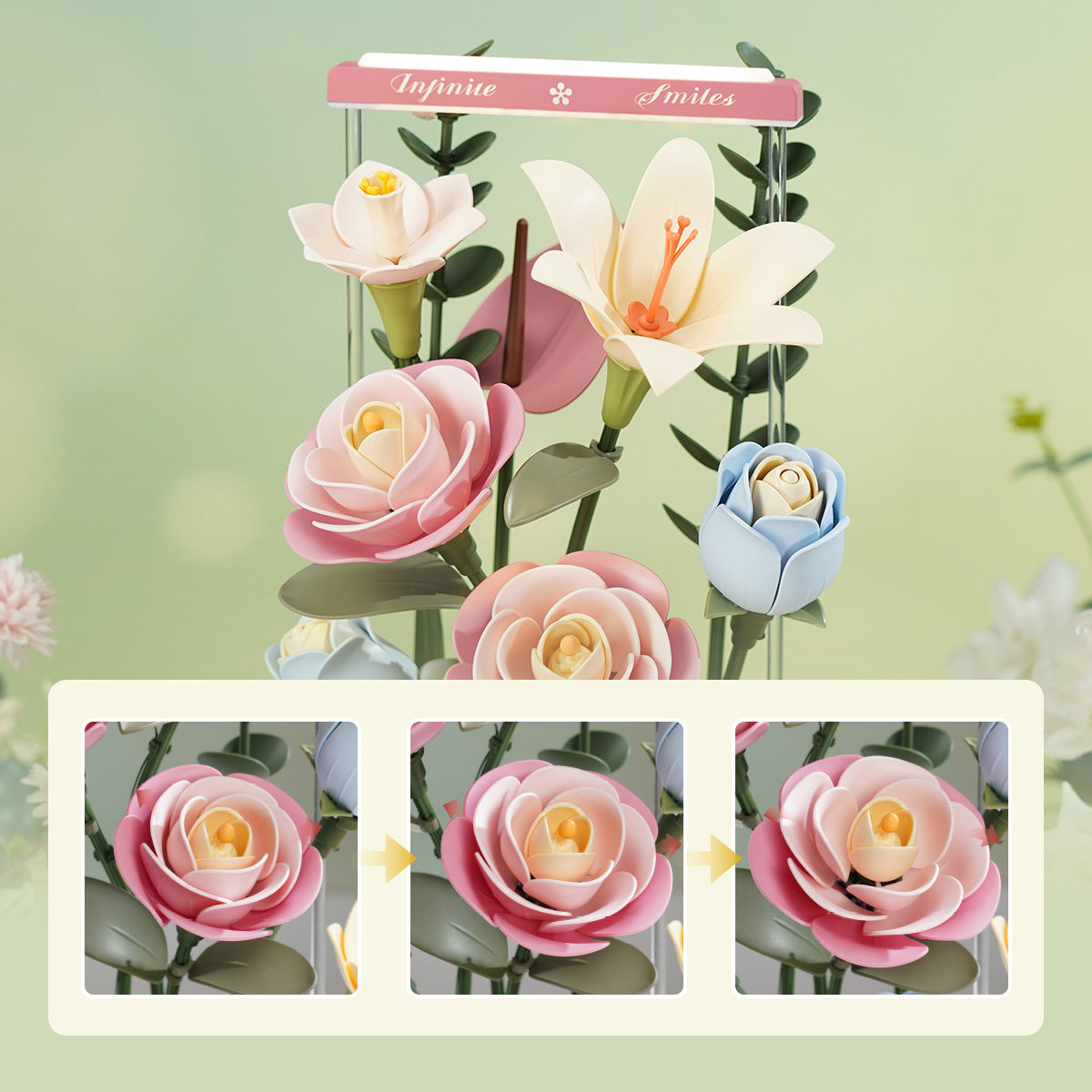 ROKR Blooming Bouquet Box AF01D gros plans sur la scène de floraison de trois fleurs