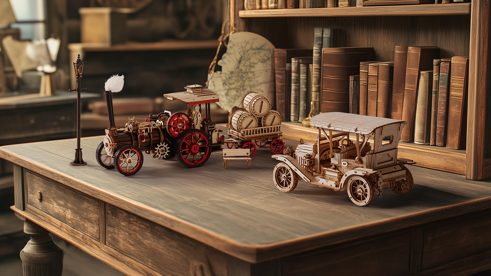 ROKR Steam Engine et Vintage Car sont placés sur un vieux bureau pour mettre en valeur le style médiéval