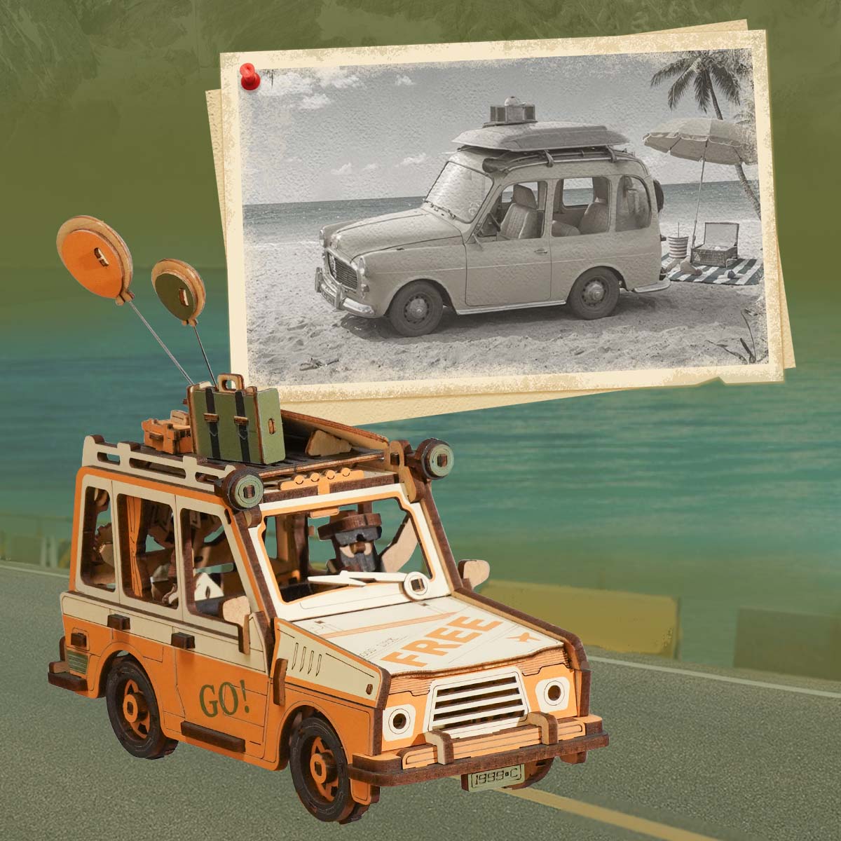 ROKR Road Tripper MCD03 break en bois avec illustration de voyage vintage