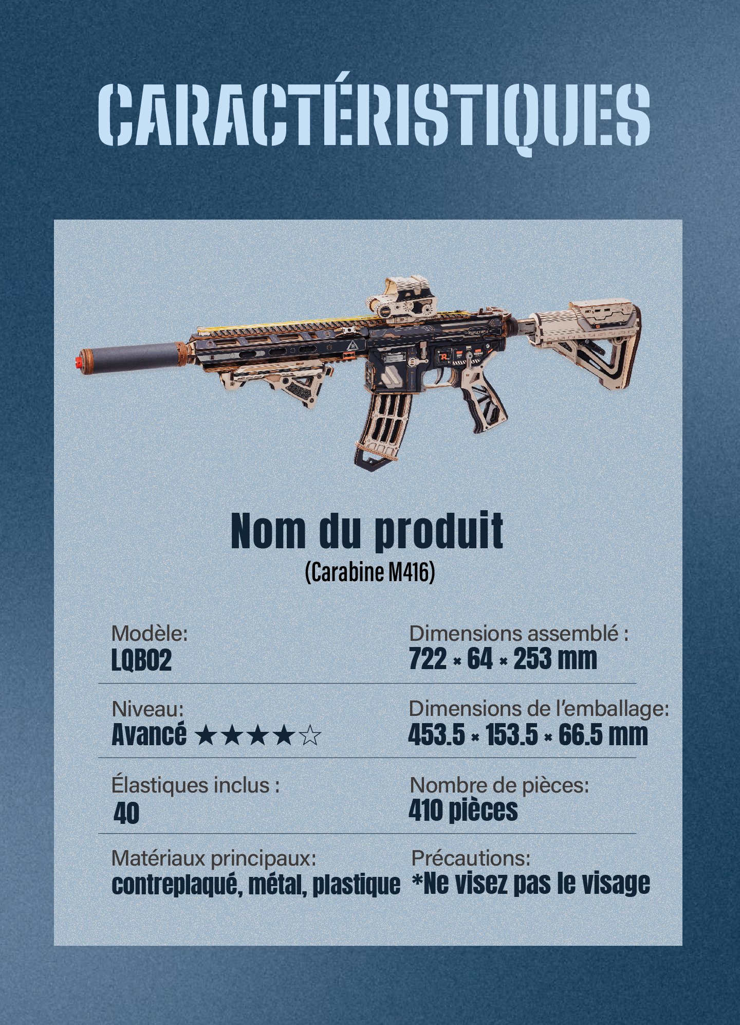 Modèle terminé et présentation détaillée de Carabine ROKR M416 LQB02 - Kit de Puzzle 3D en Bois, SKU LQB02