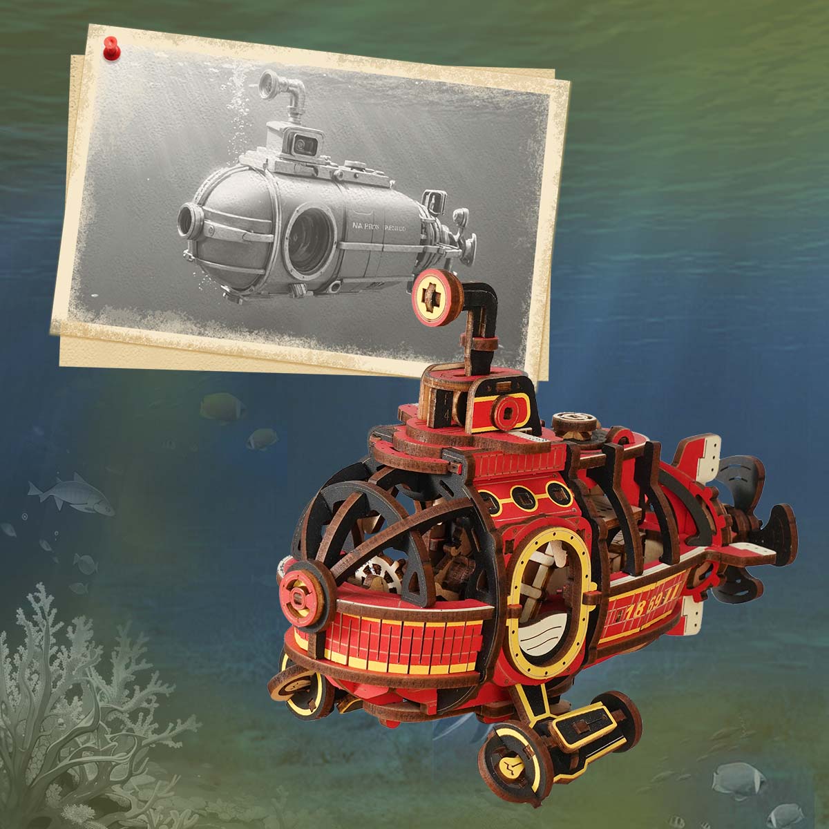 Modèle de sous-marin ROKR Deep-sea Adventurer MCD04 avec art sous-marin vintage encadré