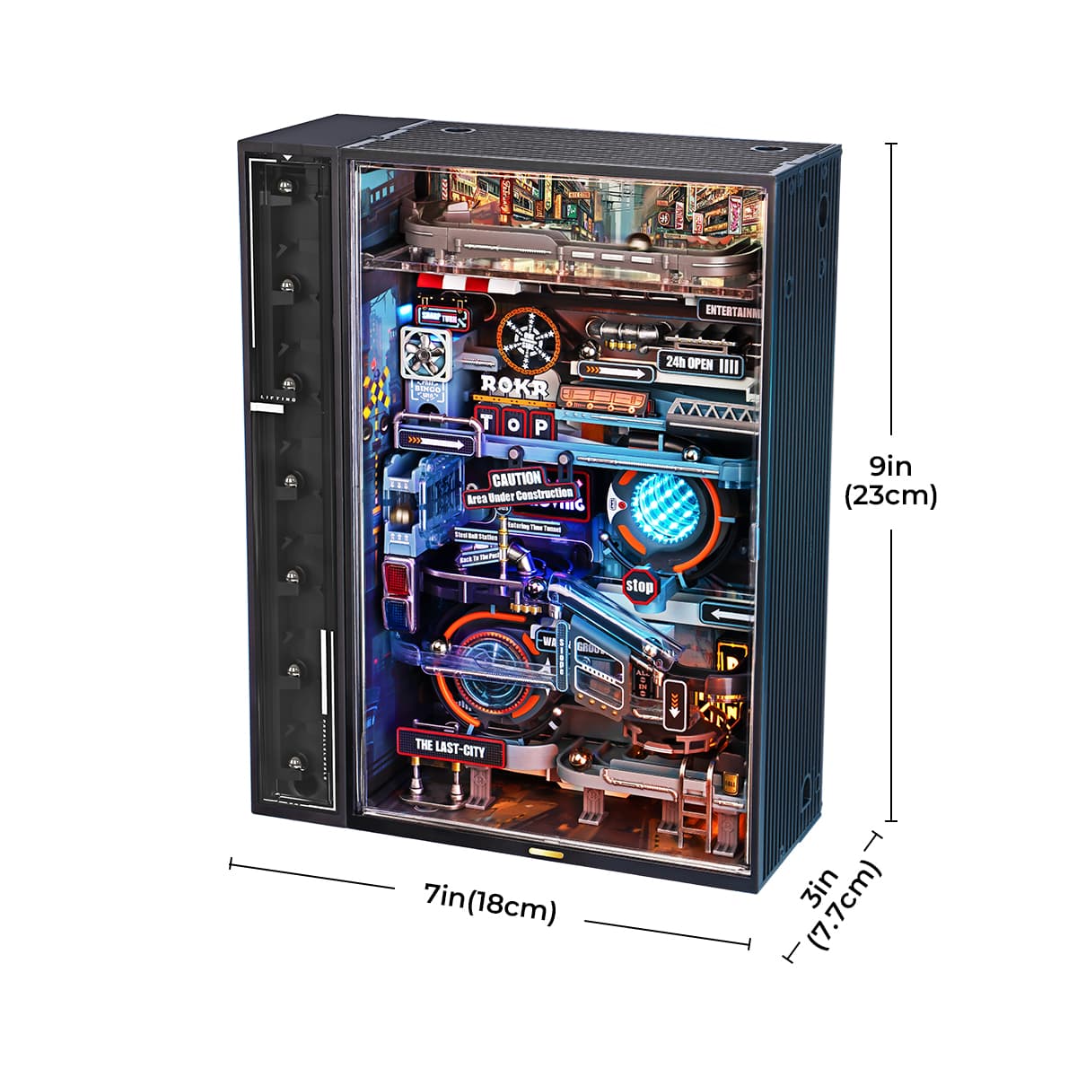 Graphique de taille ROKR The Last City MR01S montrant une armoire de 7 pouces de large