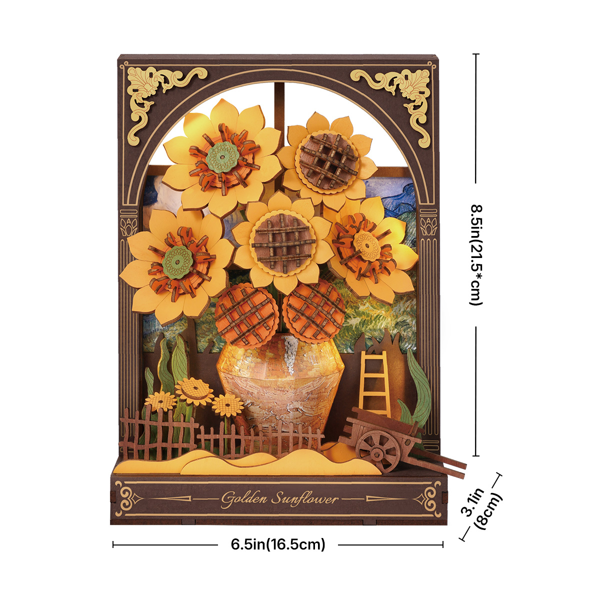 Graphique de taille Rowood Golden Tournesol TH002 montrant 16,5 cm de largeur et 25,5 cm de hauteur