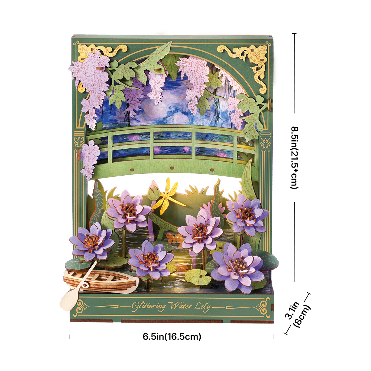Graphique de taille Rowood Glittering Water Lily TH001 montrant 16,5 cm de largeur et 25,5 cm de hauteur