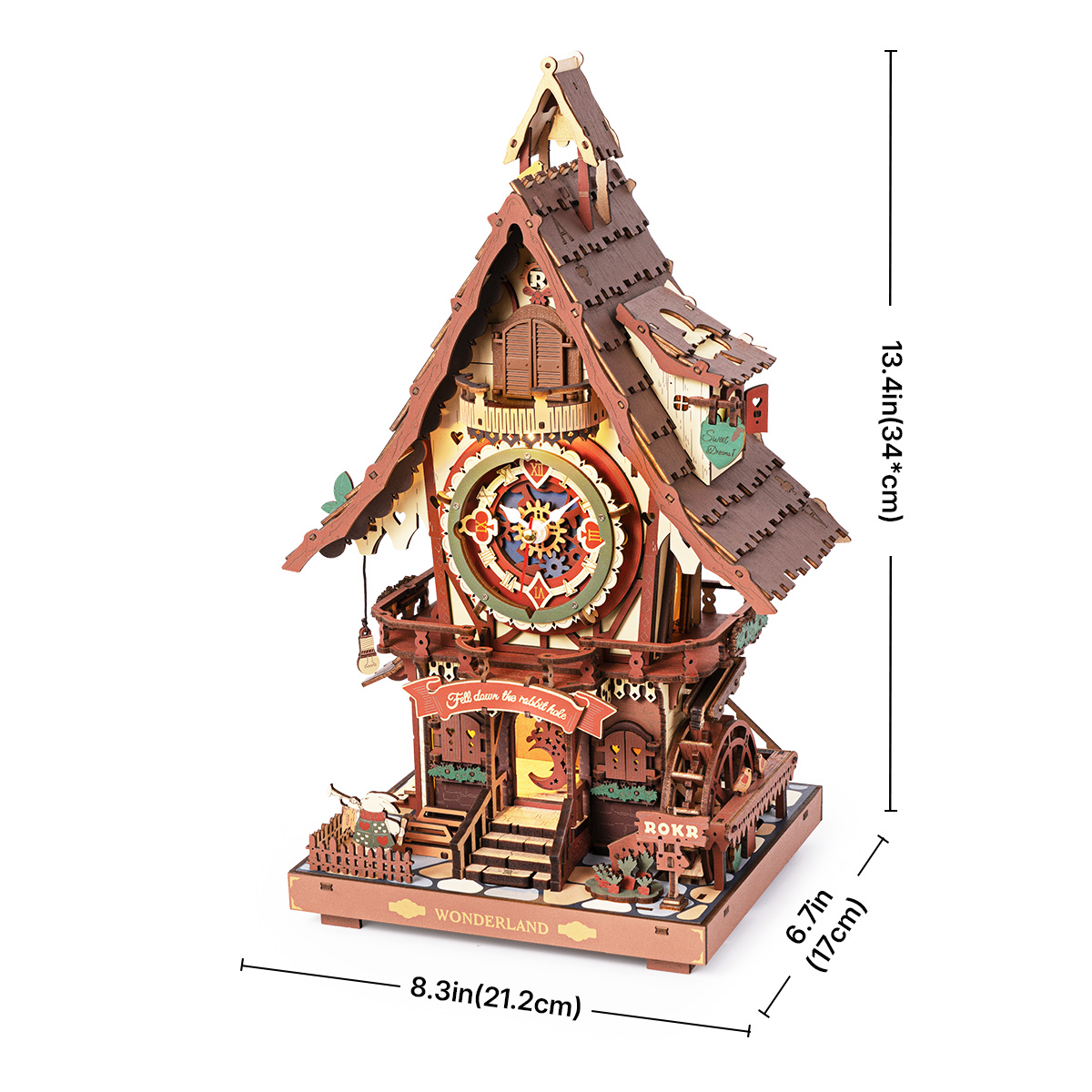 Graphique de la taille de l'horloge à coucou ROKR montrant les dimensions de l'horloge assemblée