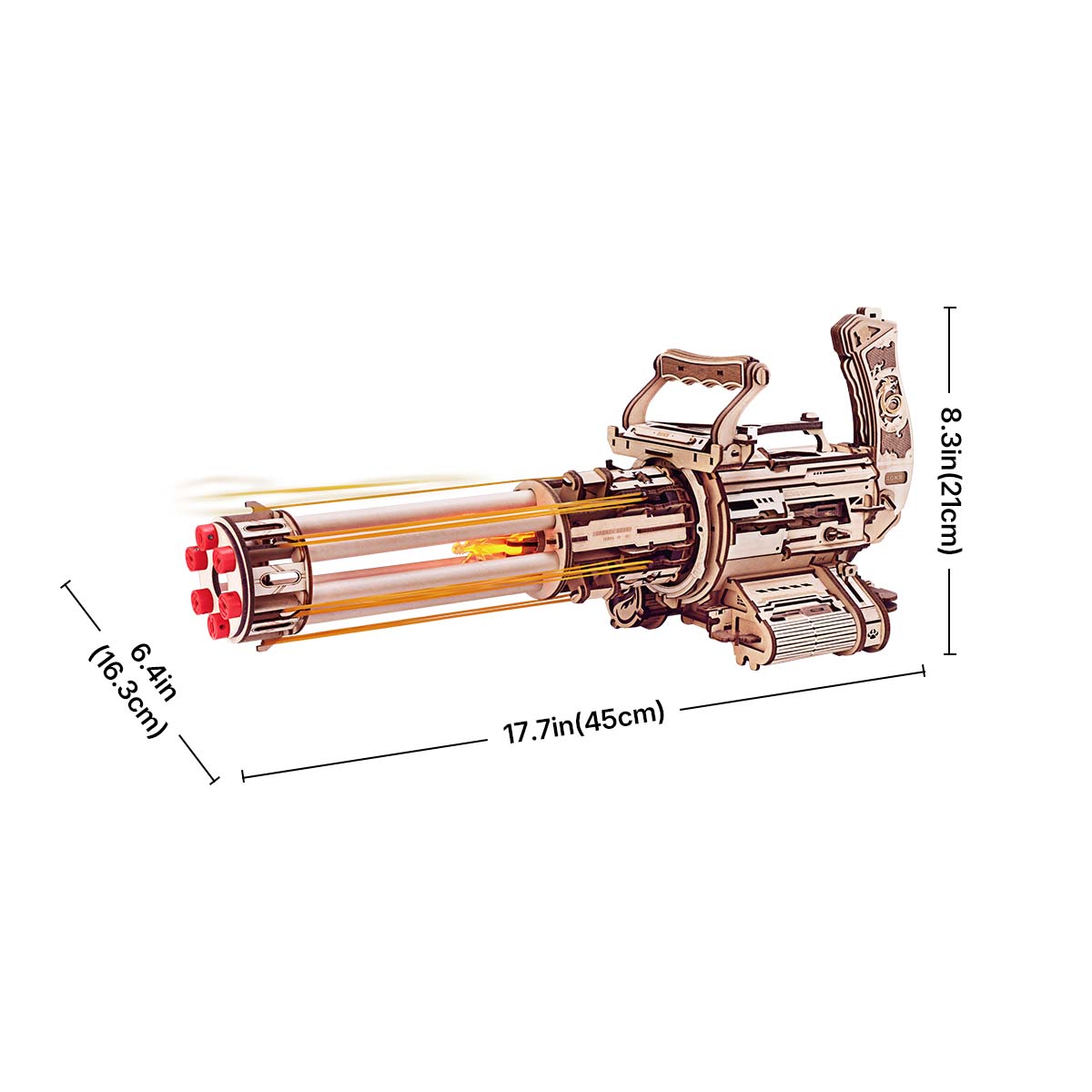 Graphique de taille de la mitrailleuse à canon rotatif ROKR LQA01 montrant une longueur assemblée de 70,5 cm