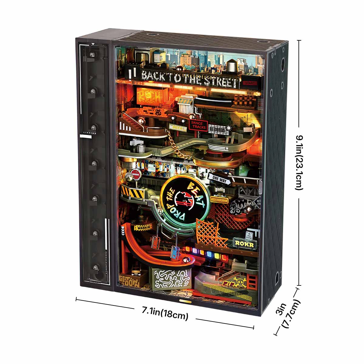 Graphique de taille ROKR Hip-Hop Street MR03S montrant les dimensions du parcours à billes de style armoire