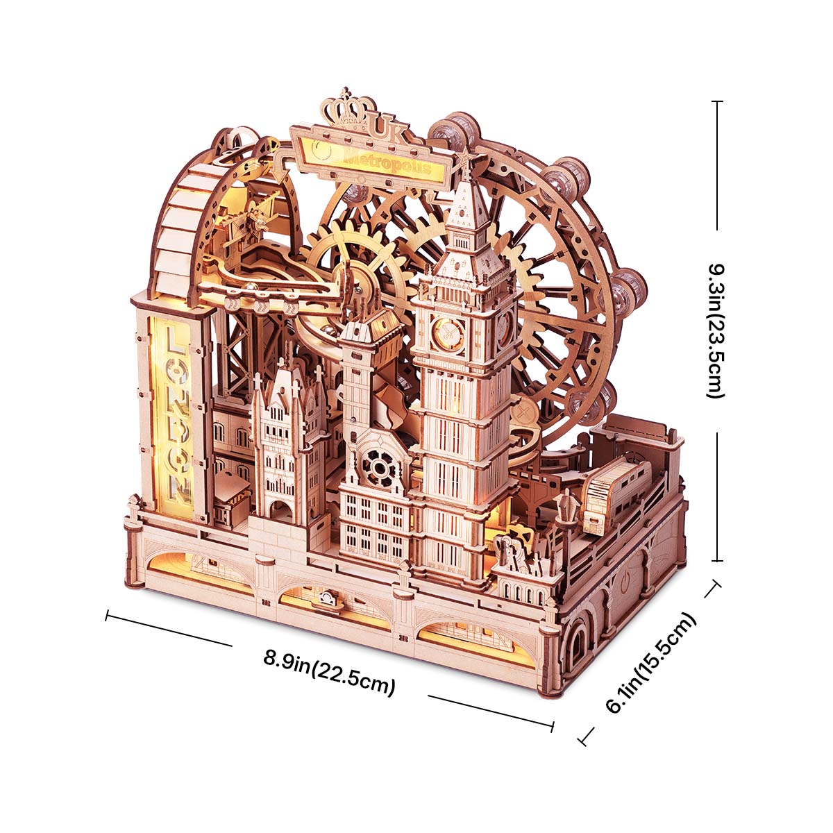 Graphique de taille ROKR Marble Travel London EGB01 montrant les dimensions du modèle assemblé