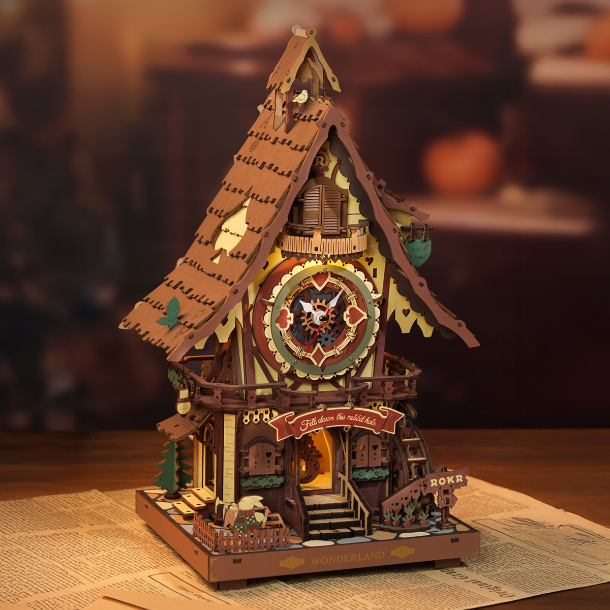 ROKR – horloge à coucou, puzzle mécanique en bois avec motif de maison de fée colorée