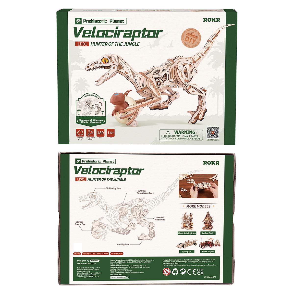 Ensemble ROKR Velociraptor LD01 avant et arrière avec modèle de dinosaure terminé