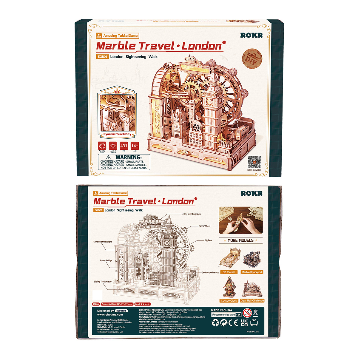 Boîte d'emballage ROKR Marble Travel London EGB01 avec parcours à billes en bois terminé