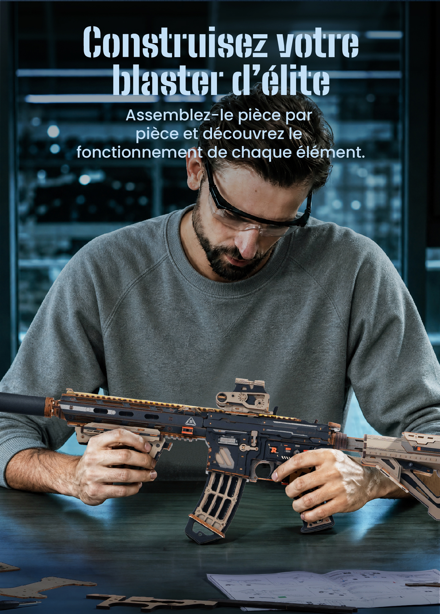 Modèle terminé et présentation détaillée de Carabine ROKR M416 LQB02 - Kit de Puzzle 3D en Bois, SKU LQB02