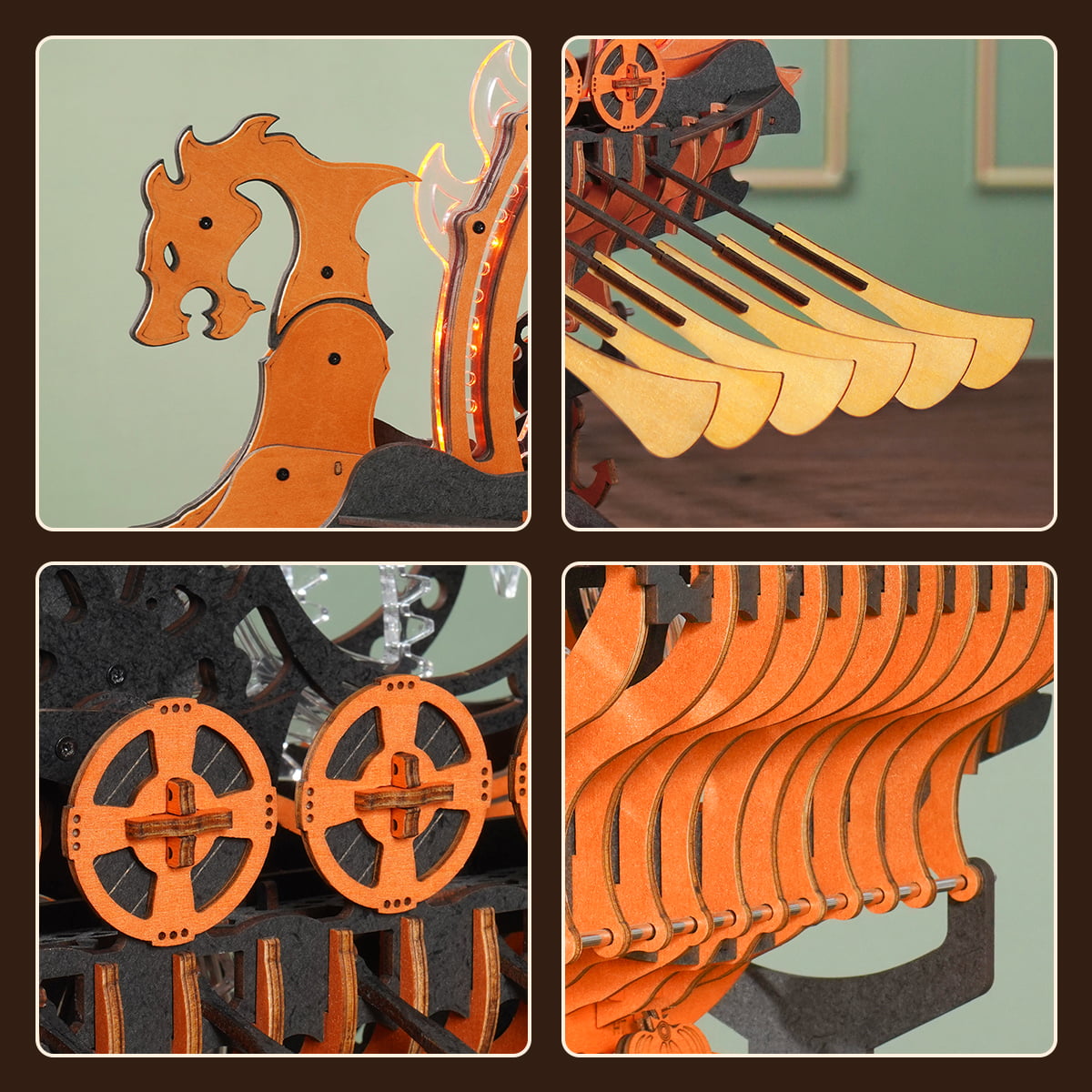 Détails du ROKR Viking Dragon Ship LK802, y compris la tête de dragon, les rames et les engrenages