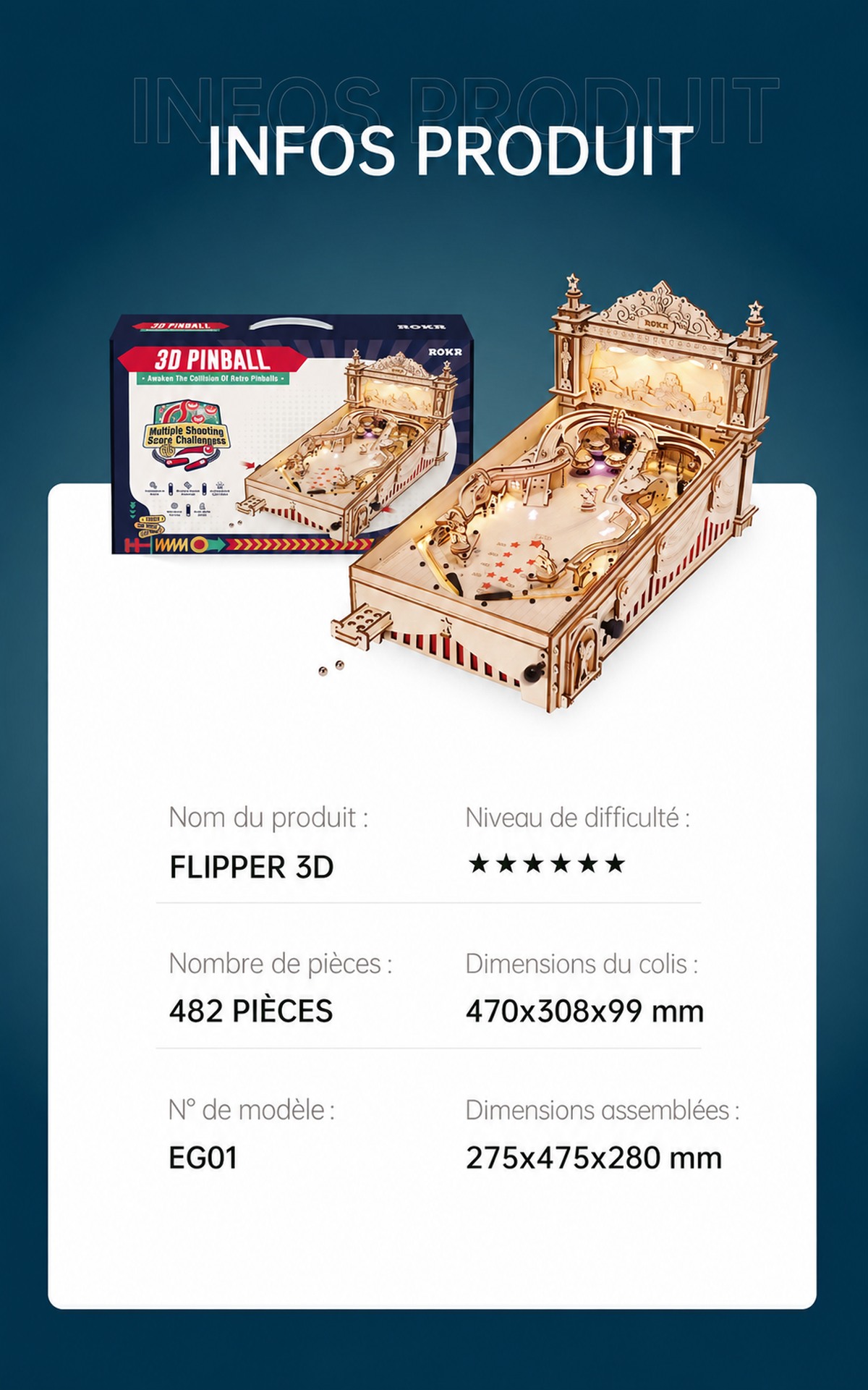 ROKR 3D Pinball EG01 product affiche avec retro pinball machine