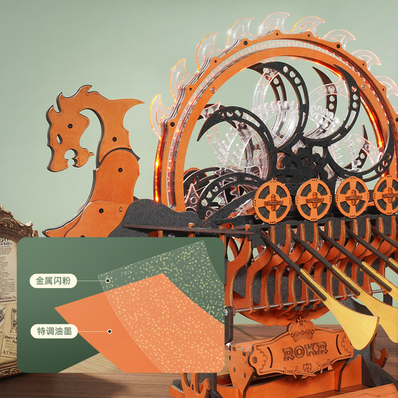 ROKR Viking Dragon Ship LK802 gros plan de la coque orange et de la colonne vertébrale du dragon