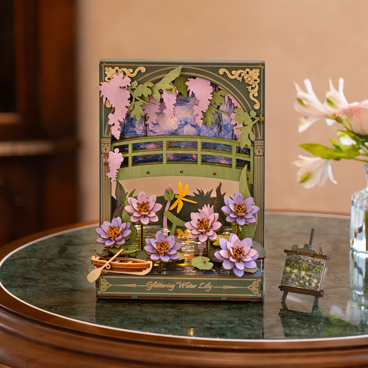 Rowood Glittering Water Lily TH001 Puzzle 3D en bois affiché sur une table en verre