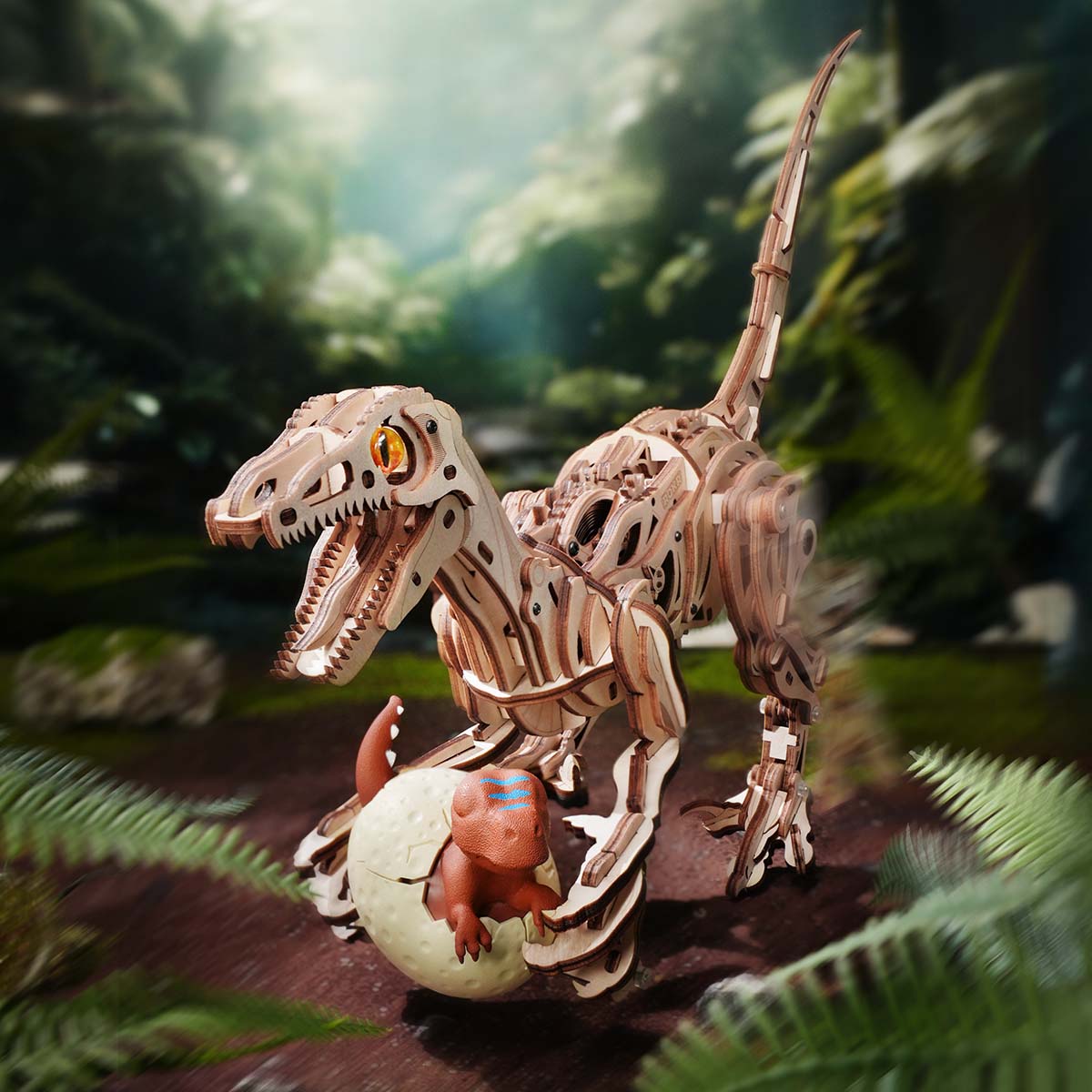 ROKR Velociraptor LD01 puzzle de dinosaure en bois éclos d'un œuf dans la scène de la jungle
