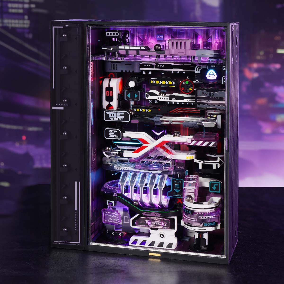 ROKR The Future City MR02S Armoire lumineuse en marbre avec lumières cyberpunk violettes