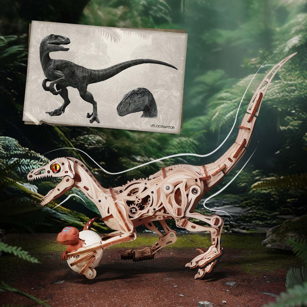 ROKR Velociraptor LD01 pose de dinosaure en bois dans un diorama de la jungle