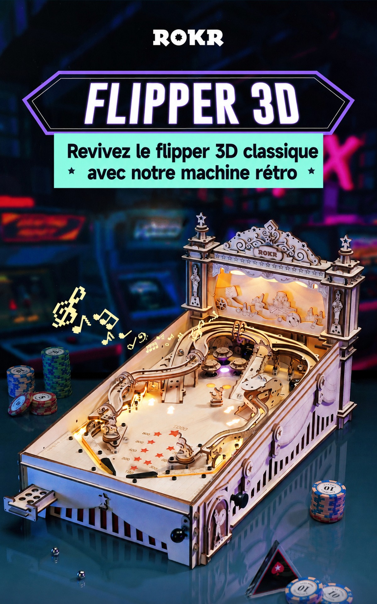 ROKR 3D Pinball EG01 product affiche avec retro pinball machine