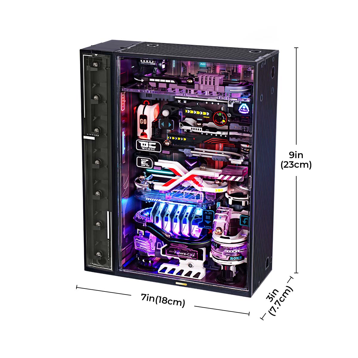 Graphique de taille ROKR The Future City MR02S montrant une armoire de 7 pouces de large