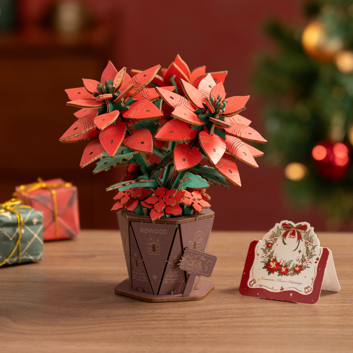 Rowood Poinsettia TF001 bouquet de fleurs en bois avec carte de Noël