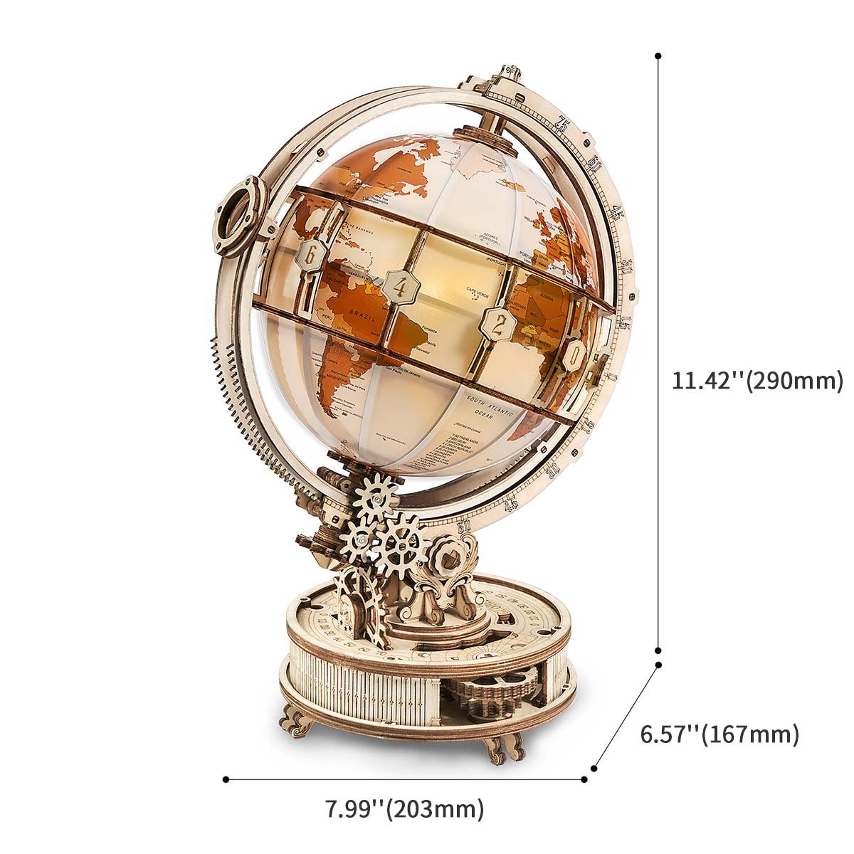 Graphique de taille du globe lumineux ROKR ST003 montrant une largeur de 203 mm et une hauteur de 290 mm