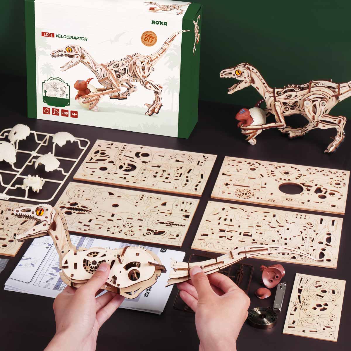 Scène d'assemblage ROKR Velociraptor LD01 avec fiches de pièces et boîte de produit