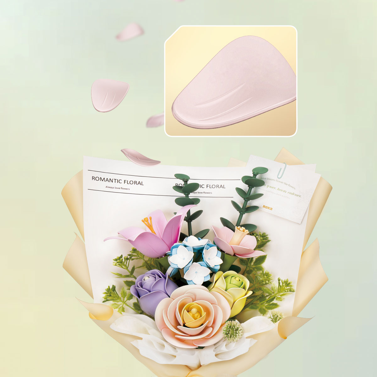 ROKR Spring Time Bouquet AF01J gros plan de pétales et bouquet enveloppé