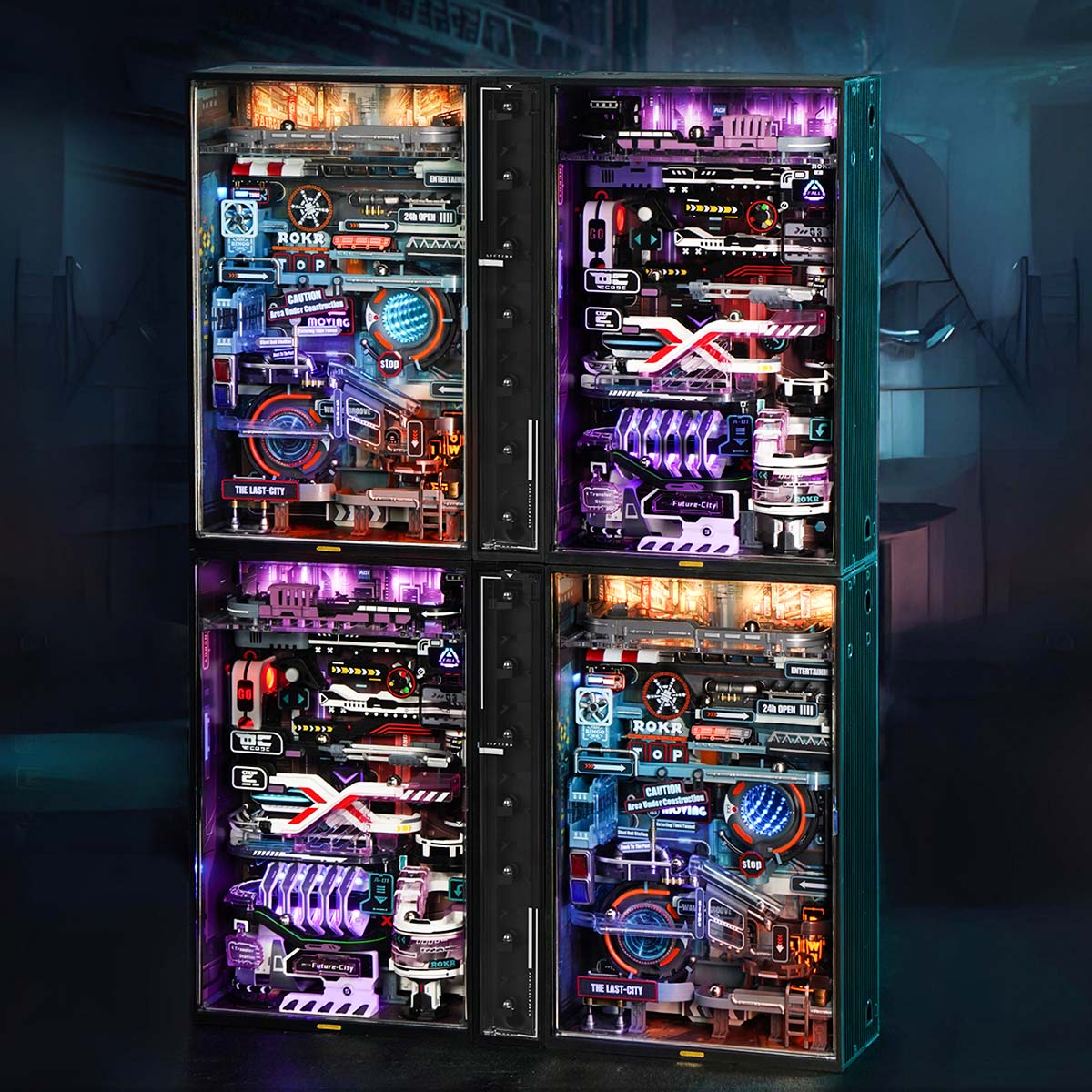 ROKR quatre modules de parcours à billes connectés empilés dans un affichage de la ville cyberpunk