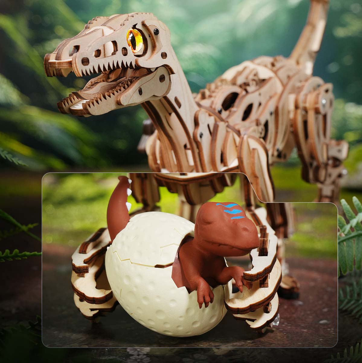 ROKR Velociraptor LD01 dinosaure éclos d'un œuf avec la mâchoire ouverte