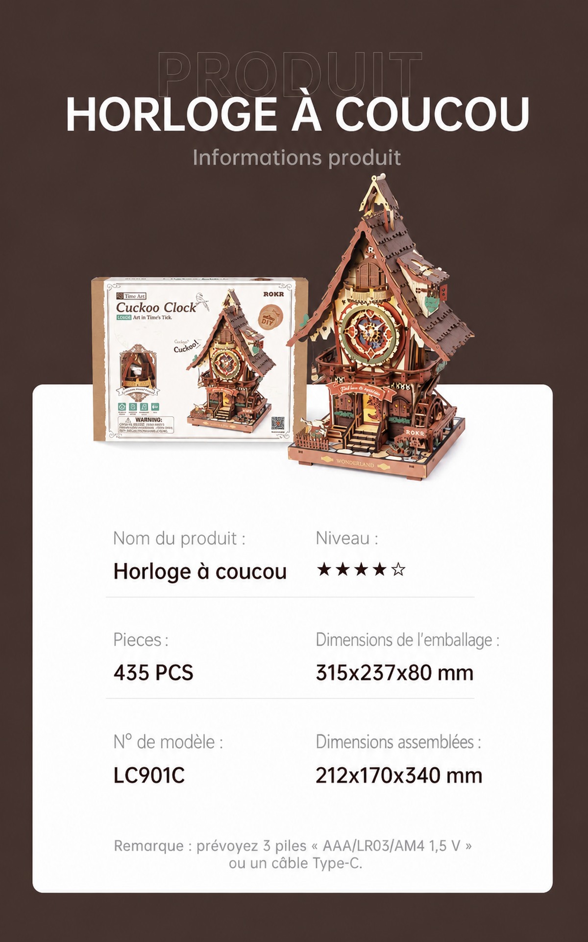 ROKR Cuckoo Clock cover avec detailed wooden house et forest theme