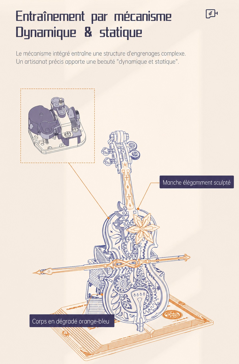 ROKR Symphony of Gorgeous Dreams - boite a musique mecanique puzzle 3D en bois AMK63M, visuel de detail 6