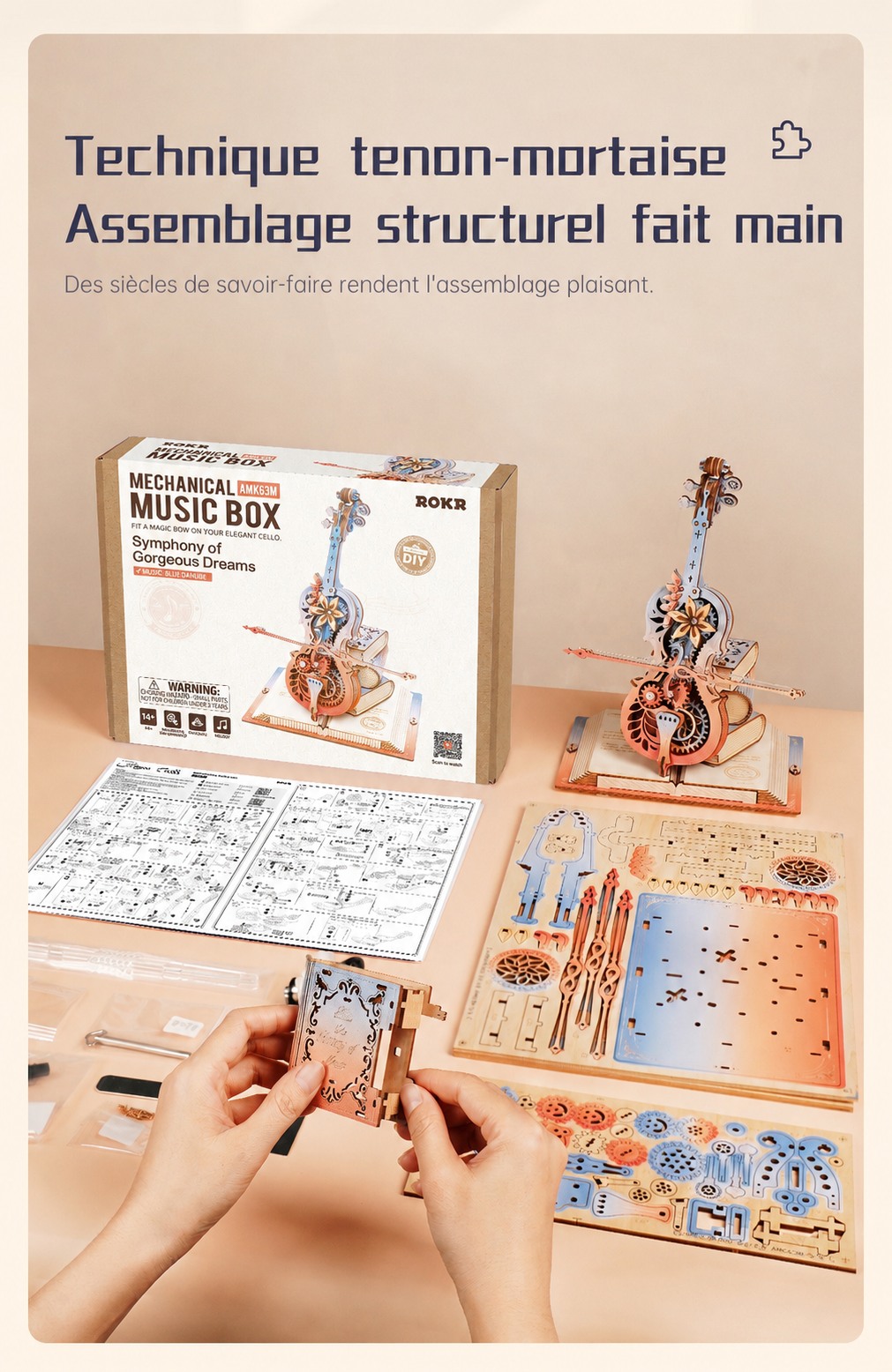 ROKR Symphony of Gorgeous Dreams - boite a musique mecanique puzzle 3D en bois AMK63M, visuel de detail 7