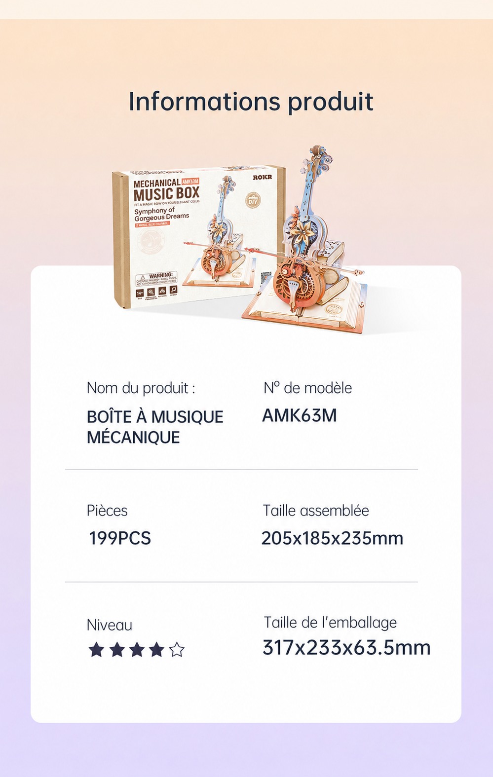 ROKR Symphony of Gorgeous Dreams - boite a musique mecanique puzzle 3D en bois AMK63M, visuel de detail 9