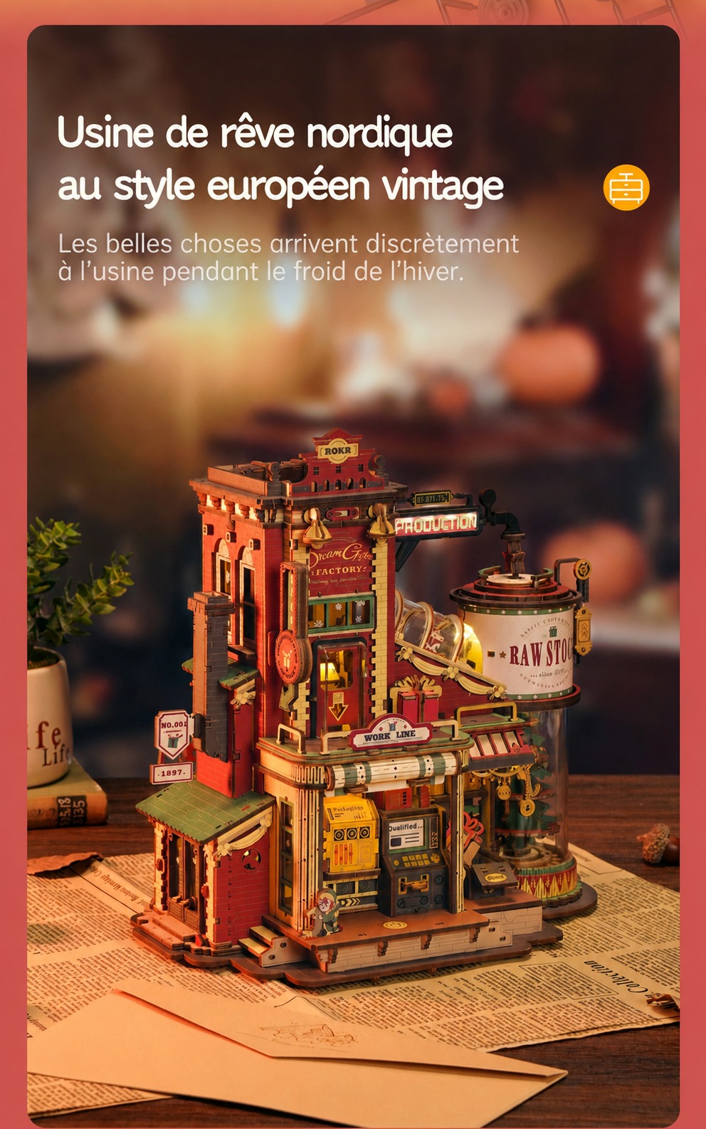 ROKR Dream Gift Factory EAB01 cover avec festive toy factory scene