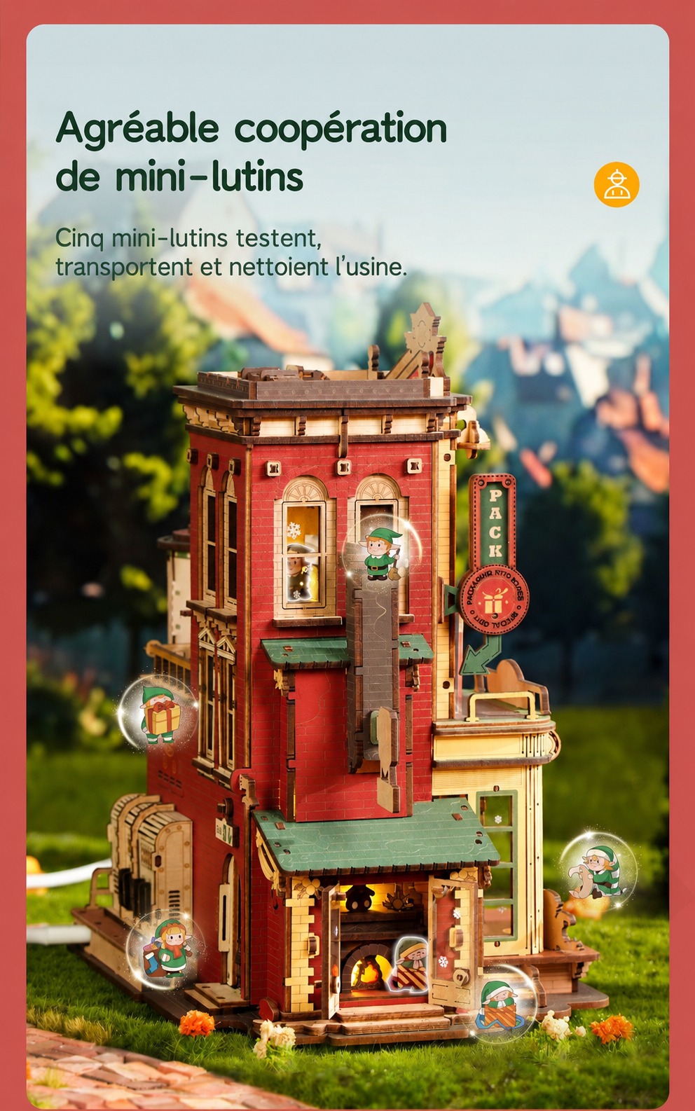 ROKR Dream Gift Factory EAB01 cover avec festive toy factory scene