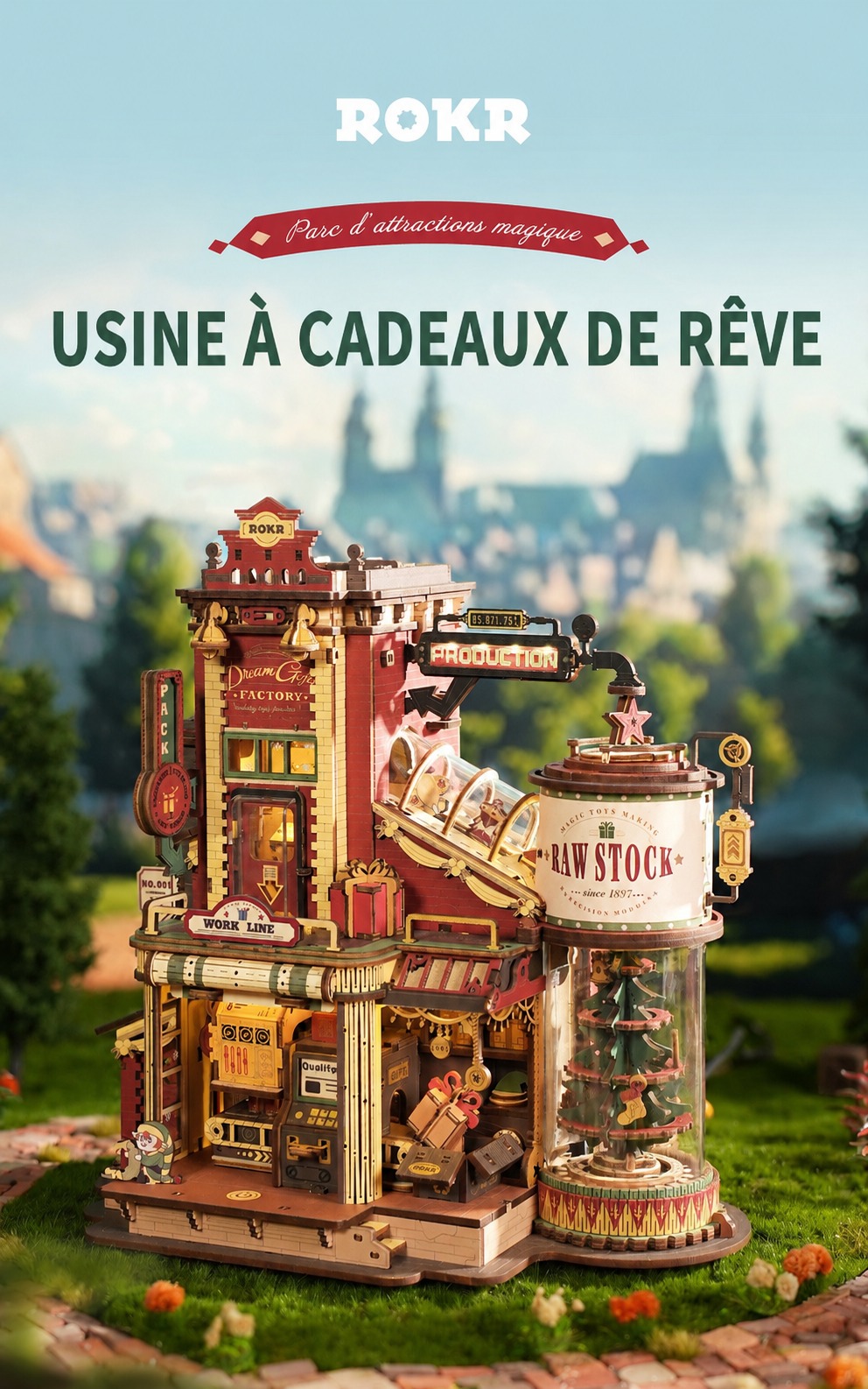 ROKR Dream Gift Factory EAB01 cover avec festive toy factory scene
