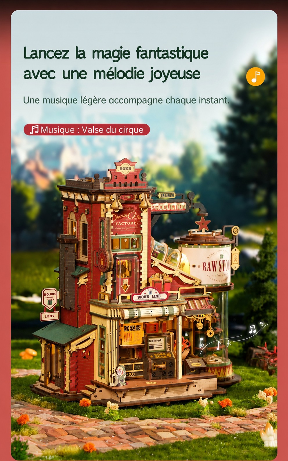 ROKR Dream Gift Factory EAB01 cover avec festive toy factory scene