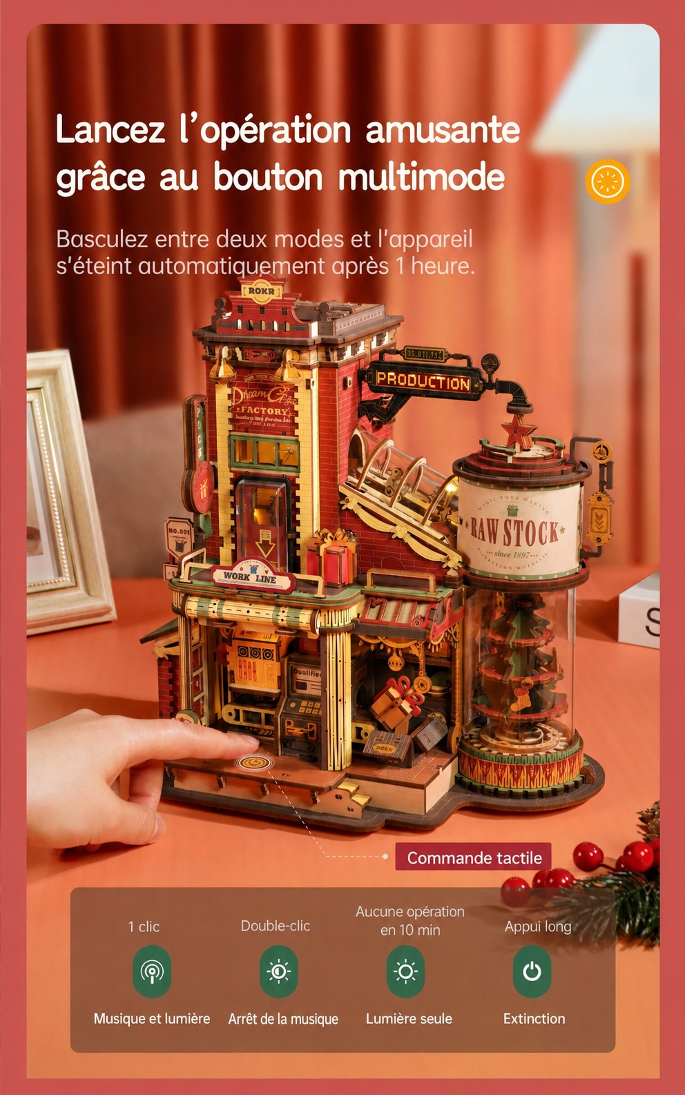 ROKR Dream Gift Factory EAB01 cover avec festive toy factory scene