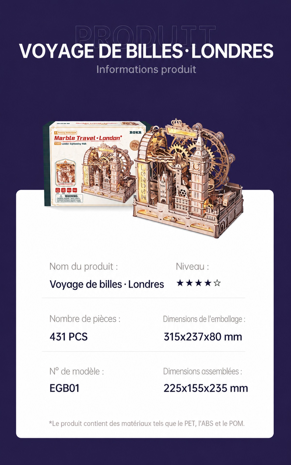 ROKR Marble Travel London EGB01, informations produit avec 431 pièces et dimensions