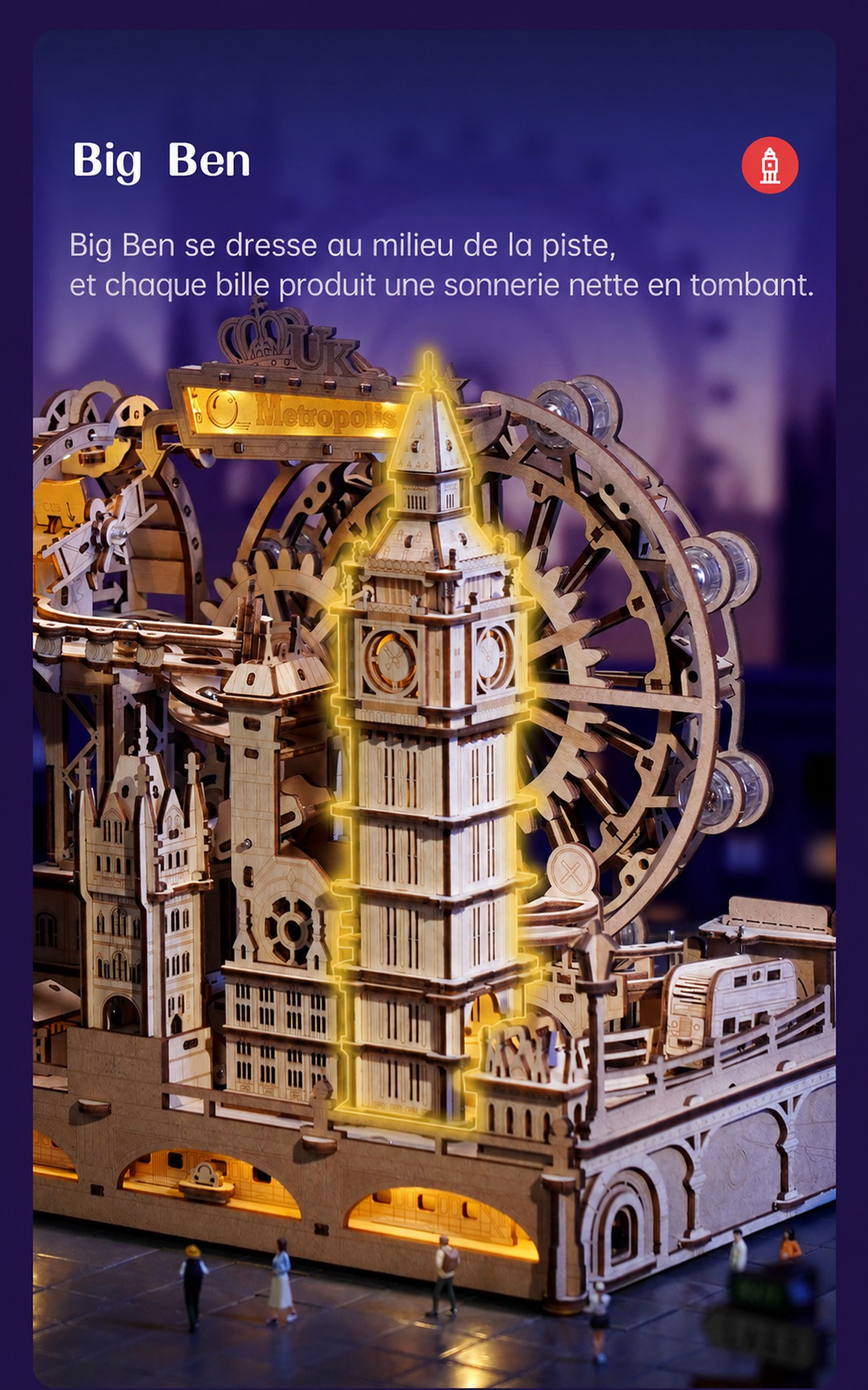 ROKR Marble Travel London EGB01, Big Ben au centre du parcours de billes
