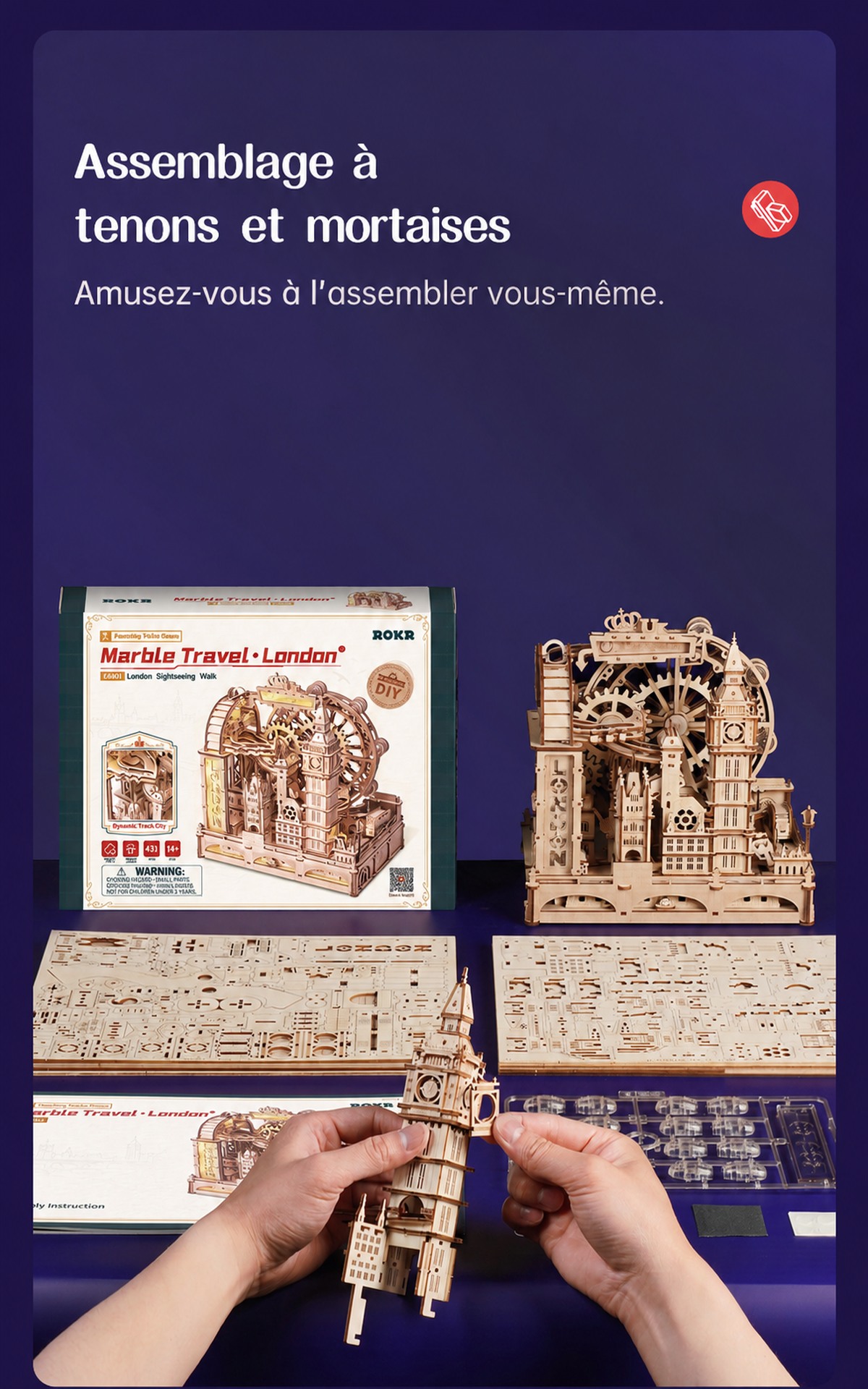ROKR Marble Travel London EGB01, assemblage par tenons et mortaises avec notice