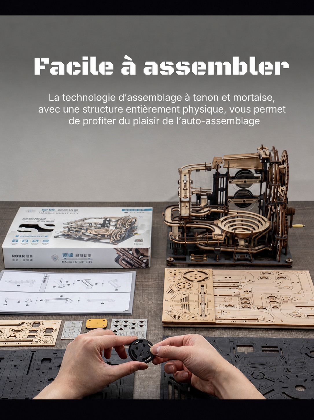 ROKR Marble Night City LGA01, assemblage tenon-mortaise avec pieces et notice