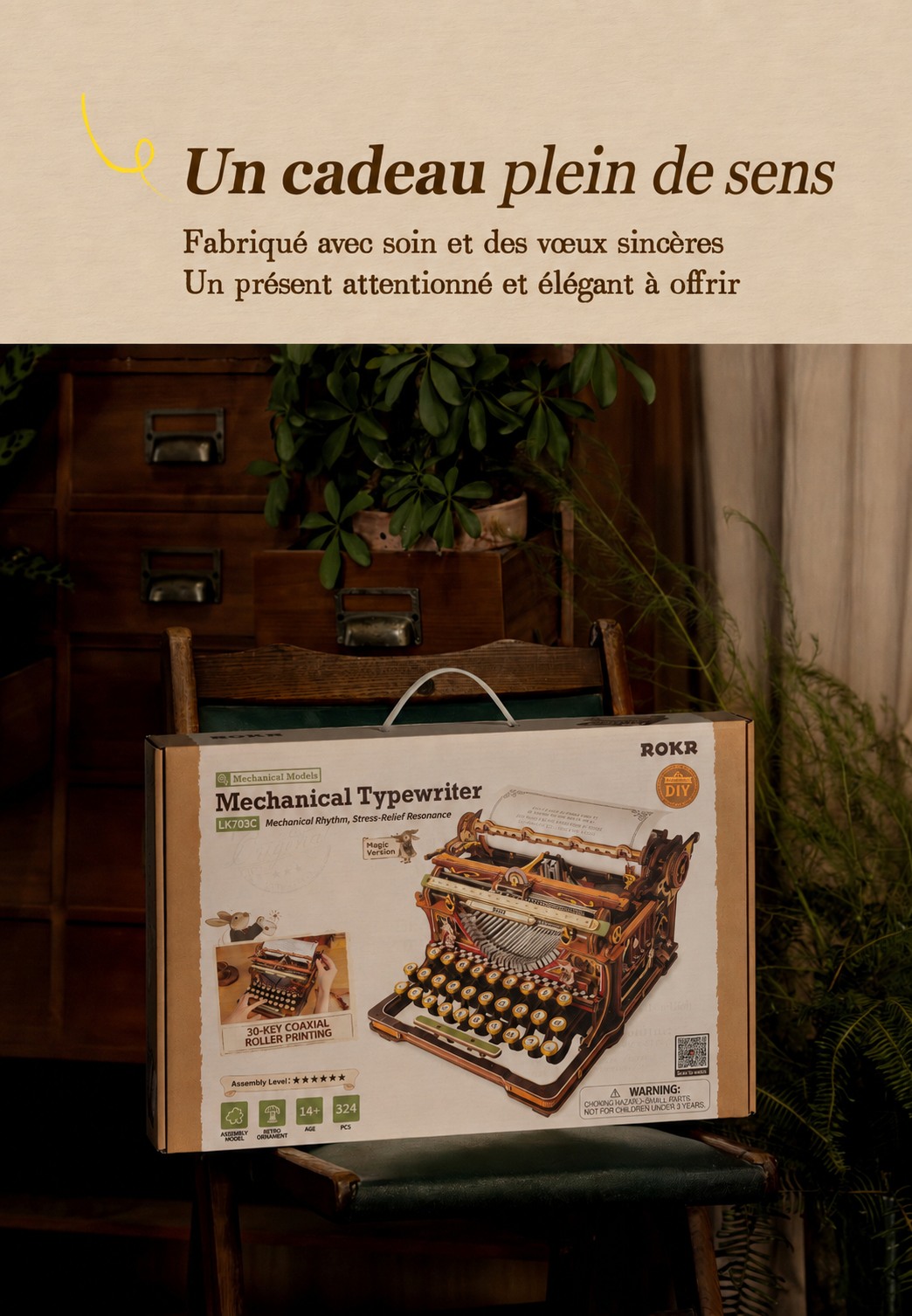 ROKR Machine a ecrire mecanique LK703C - kit modele 3D en bois, version magique, visuel de detail 12